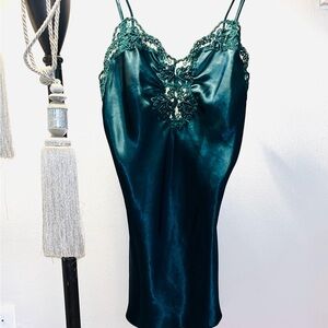Vintage Victoria’s Secret Gold Tag Dark Green Lace Trim Satin Nightgown Small